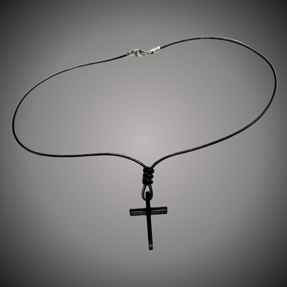 Black Titanium Steel Cross † on Hand Knotted Black Leather Cord Necklace- Unisex - Picture 1 of 7